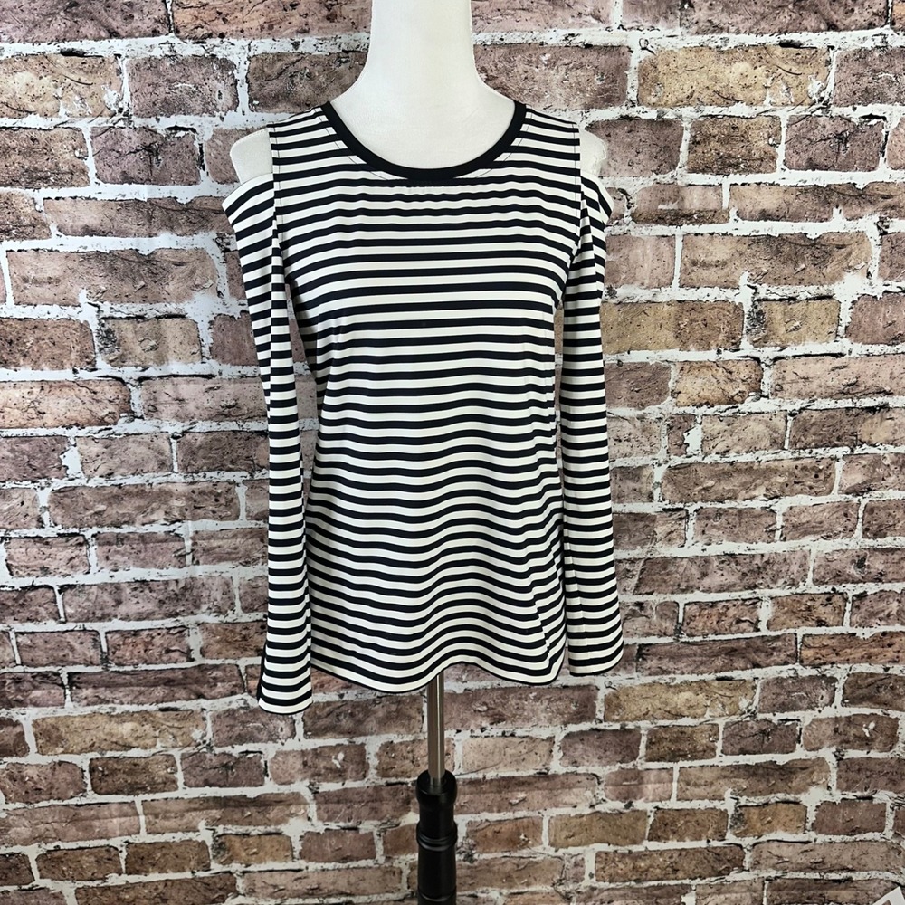 Zenergy by Chico's‎ Cold Shoulder Striped Knit Top, Size 0, Black White